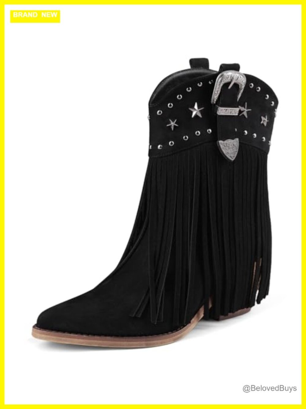 Faux Leather Western Ankle Boots Fringe Chunky Heel Pointed Toe Pull On